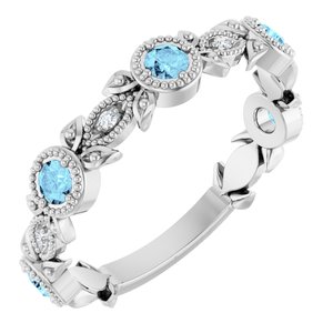 Ladies Natural Aquamarine Natural Diamond Leaf Ring (I1, G-H) — Sterling Silver