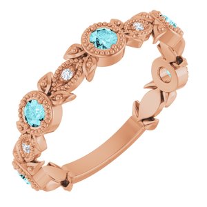 Ladies Natural Blue Zircon Natural Diamond Leaf Ring (I1, G-H) — 14K Rose Gold
