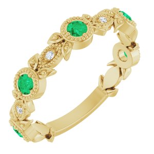 Ladies Natural Emerald Natural Diamond Leaf Ring (I1, G-H) — 14K Yellow Gold