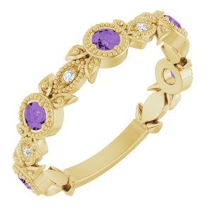 Ladies Natural Amethyst Natural Diamond Leaf Ring (I1, G-H) — 14K Yellow Gold
