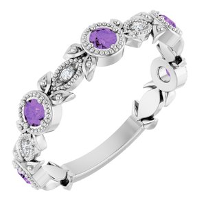 Ladies Natural Amethyst Natural Diamond Leaf Ring (SI2-SI3, G-H) — Platinum