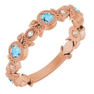 Ladies Natural Aquamarine Natural Diamond Leaf Ring (I1, G-H) — 14K Rose Gold
