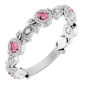 Ladies Natural Pink Tourmaline Natural Diamond Leaf Ring (SI2-SI3, G-H) — Platinum