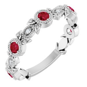 Ladies Natural Ruby Natural Diamond Leaf Ring (I1, G-H) — Sterling Silver