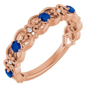Ladies Natural Blue Sapphire Natural Diamond Scroll Ring (I1, G-H) — 14K Rose Gold