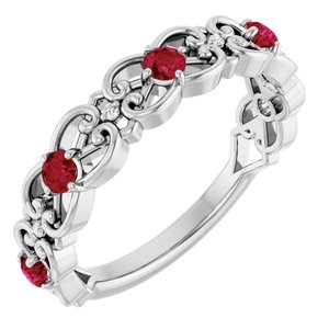 Ladies Natural Ruby Natural Diamond Scroll Ring (SI2-SI3, G-H) — Platinum