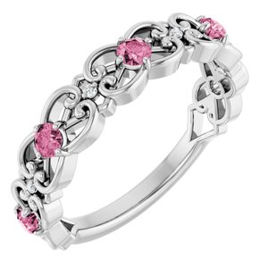 Ladies Natural Pink Tourmaline Natural Diamond Scroll Ring (SI2-SI3, G-H) — Platinum