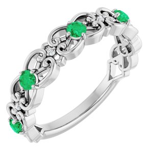 Ladies Natural Emerald Natural Diamond Scroll Ring (SI2-SI3, G-H) — Platinum