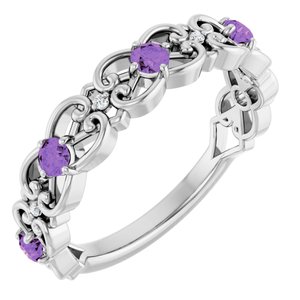 Ladies Natural Amethyst Natural Diamond Scroll Rings (I1, G-H) — Sterling Silver