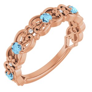 Ladies Natural Aquamarine Natural Diamond Scroll Ring (I1, G-H) — 14K Rose Gold