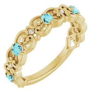 Ladies Natural Blue Zircon Natural Diamond Scroll Ring (I1, G-H) — 14K Yellow Gold