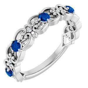 Ladies Natural Blue Sapphire Natural Diamond Scroll Ring (I1, G-H) — Sterling Silver