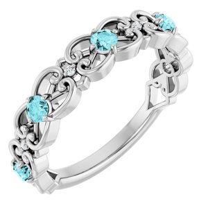 Ladies Natural Blue Zircon Natural Diamond Scroll Ring (SI2-SI3, G-H) — Platinum
