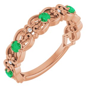 Ladies Natural Emerald Natural Diamond Scroll Ring (I1, G-H) — 14K Rose Gold