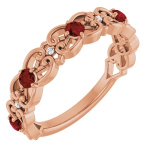 Ladies Natural Mozambique Garnet Natural Diamond Scroll Ring (I1, G-H) — 14K Rose Gold
