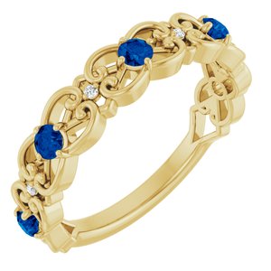 Ladies Natural Blue Sapphire Natural Diamond Scroll Ring (I1, G-H) — 14K Yellow Gold