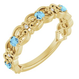 Ladies Natural Aquamarine Natural Diamond Scroll Ring (I1, G-H) — 14K Yellow Gold