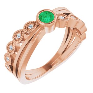 Ladies Natural Emerald Natural Diamond Ring (I1, G-H) — 14K Rose Gold