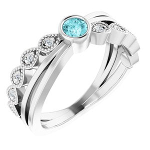 Ladies Natural Blue Zircon Natural Diamond Ring (I1, G-H) — Sterling Silver