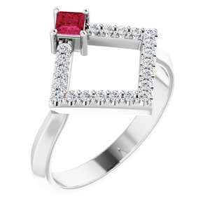 Ladies Natural Ruby Natural Diamond Geometric Ring (I1, G-H) — Sterling Silver