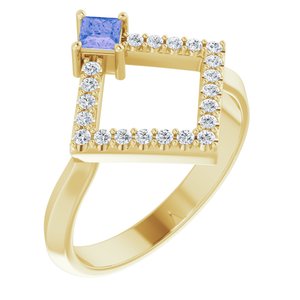 Ladies Natural Tanzanite Natural Diamond Geometric Ring (I1, G-H) — 14K Yellow Gold