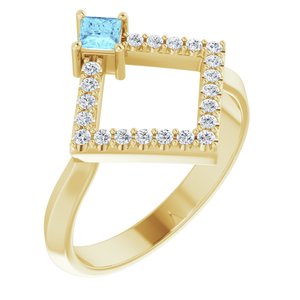 Ladies Natural Aquamarine Natural Diamond Geometric Ring (I1, G-H) — 14K Yellow Gold