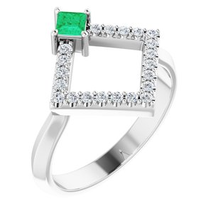 Ladies Natural Emerald Natural Diamond Geometric Ring (I1, G-H) — 14K White Gold