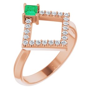 Ladies Natural Emerald Natural Diamond Geometric Ring (I1, G-H) — 14K Rose Gold