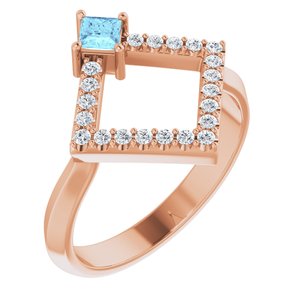 Ladies Natural Aquamarine Natural Diamond Geometric Ring (I1, G-H) — 14K Rose Gold