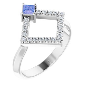 Ladies Natural Tanzanite Natural Diamond Geometric Ring (I1, G-H) — 14K White Gold