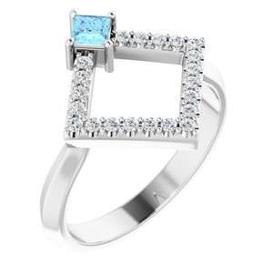 Ladies Natural Aquamarine Natural Diamond Geometric Ring (I1, G-H) — Platinum