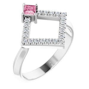 Ladies Natural Pink Tourmaline Natural Diamond Geometric Ring (I1, G-H) — 14K White Gold