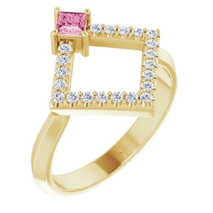 Ladies Natural Pink Tourmaline Natural Diamond Geometric Ring (I1, G-H) — 14K Yellow Gold