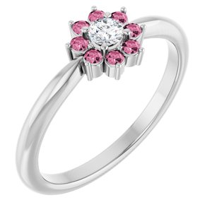 Ladies Natural Pink Tourmaline Natural Diamond Flower Ring (I1, G-H) — Sterling Silver