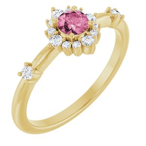 Ladies Natural Pink Tourmaline Natural Diamond Halo-Style Ring (I1, G-H) — 14K Yellow Gold