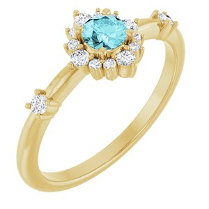 Ladies Natural Blue Zircon Natural Diamond Halo-Style Ring (I1, G-H) — 14K Yellow Gold