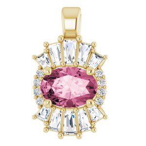 Ladies Natural Pink Tourmaline Natural Diamond Pendant (I1, G-H, Ghi) — 14K Yellow Gold