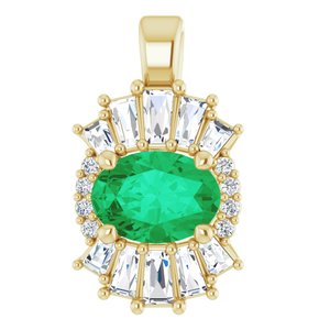 Ladies Natural Emerald Natural Diamond Pendant (I1, G-H, Ghi) — 14K Yellow Gold