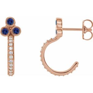 Ladies Natural Blue Sapphire Natural Diamond J-Hoop Earrings (I1, G-H) — 14K Rose Gold