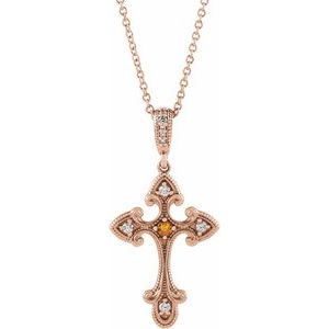 Ladies Natural Citrine Natural Diamond Cross Necklace (I1, G-H) — 14K Rose Gold
