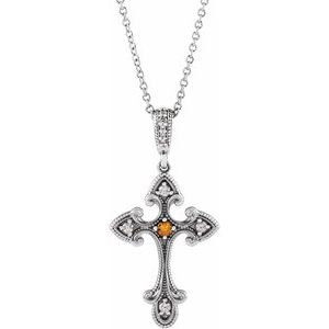 Ladies Natural Citrine Natural Diamond Cross Necklace (I1, G-H) — 14K White Gold