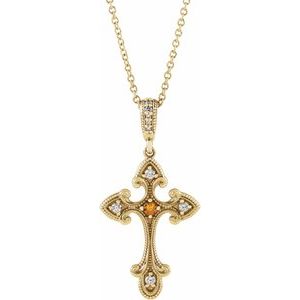 Ladies Natural Citrine Natural Diamond Cross Necklace (I1, G-H) — 14K Yellow Gold