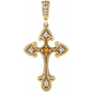 Ladies Natural Citrine Natural Diamond Cross Pendant (I1, G-H) — 14K Yellow Gold