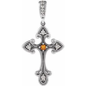 Ladies Natural Citrine Natural Diamond Cross Pendant (I1, G-H) — 14K White Gold
