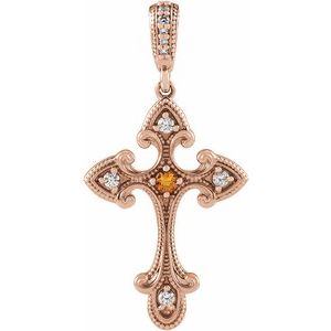 Ladies Natural Citrine Natural Diamond Cross Pendant (I1, G-H) — 14K Rose Gold