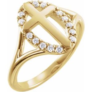 Ladies Natural Diamond French-Set Halo-Style Cross Ring (I1, G-H) — 14K Yellow Gold