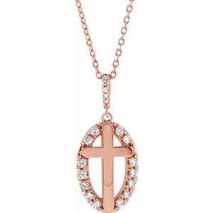 Ladies Natural Diamond Halo-Style Cross Necklace (I1, G-H) — 14K Rose Gold