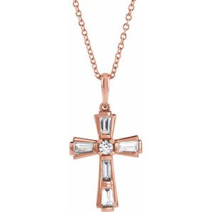Ladies Natural Diamond Baguette Cross Necklace (Si2-Si3, I1, Ghi, G-H) — 14K Rose Gold