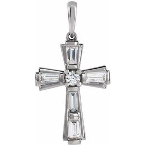 Ladies Natural Diamond Baguette Cross Pendant (Si2-Si3, I1, Ghi, G-H) — Sterling Silver
