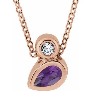 Ladies 5x3 mm Pear Natural Amethyst Natural Diamond Necklace (I1, G-H) — 14K Rose Gold
